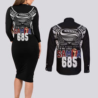 Super Samoa-Six Eight Five to The World Couples Matching Long Sleeve Bodycon Dress and Long Sleeve Button Shirt Traditional Samoan Tattoo Black Color