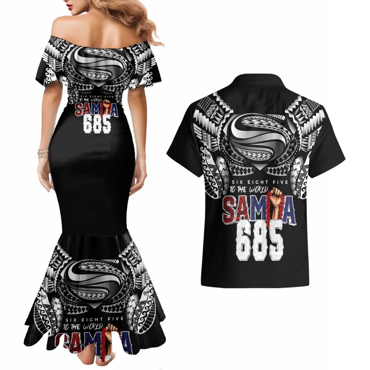 Super Samoa-Six Eight Five to The World Couples Matching Mermaid Dress and Hawaiian Shirt Traditional Samoan Tattoo Black Color