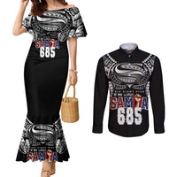 Super Samoa-Six Eight Five to The World Couples Matching Mermaid Dress and Long Sleeve Button Shirt Traditional Samoan Tattoo Black Color
