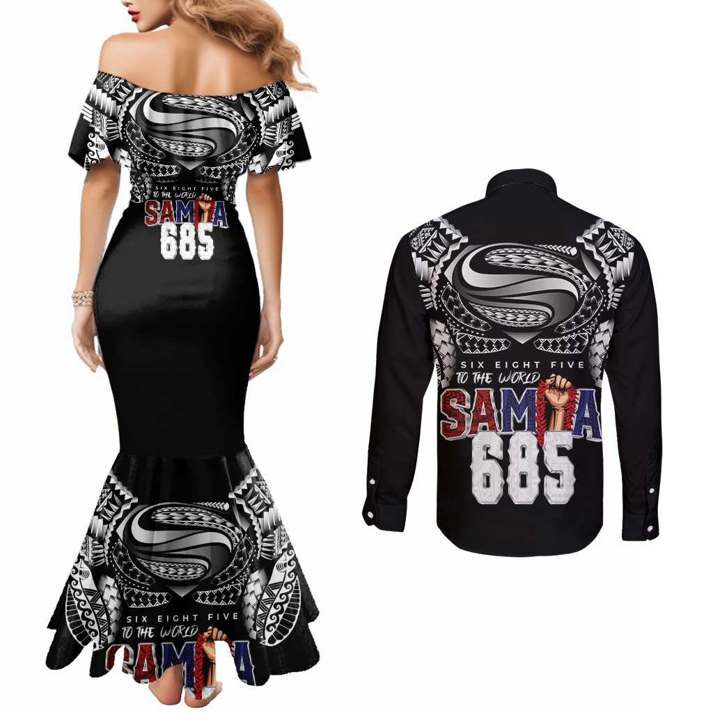 Super Samoa-Six Eight Five to The World Couples Matching Mermaid Dress and Long Sleeve Button Shirt Traditional Samoan Tattoo Black Color