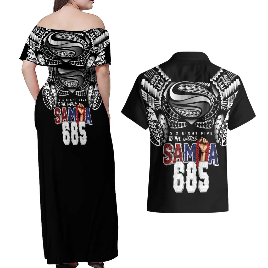 Super Samoa-Six Eight Five to The World Couples Matching Off Shoulder Maxi Dress and Hawaiian Shirt Traditional Samoan Tattoo Black Color