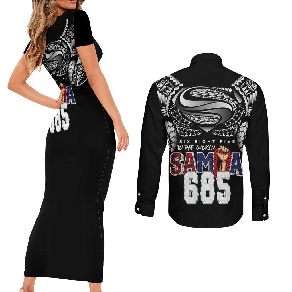 Super Samoa-Six Eight Five to The World Couples Matching Short Sleeve Bodycon Dress and Long Sleeve Button Shirt Traditional Samoan Tattoo Black Color