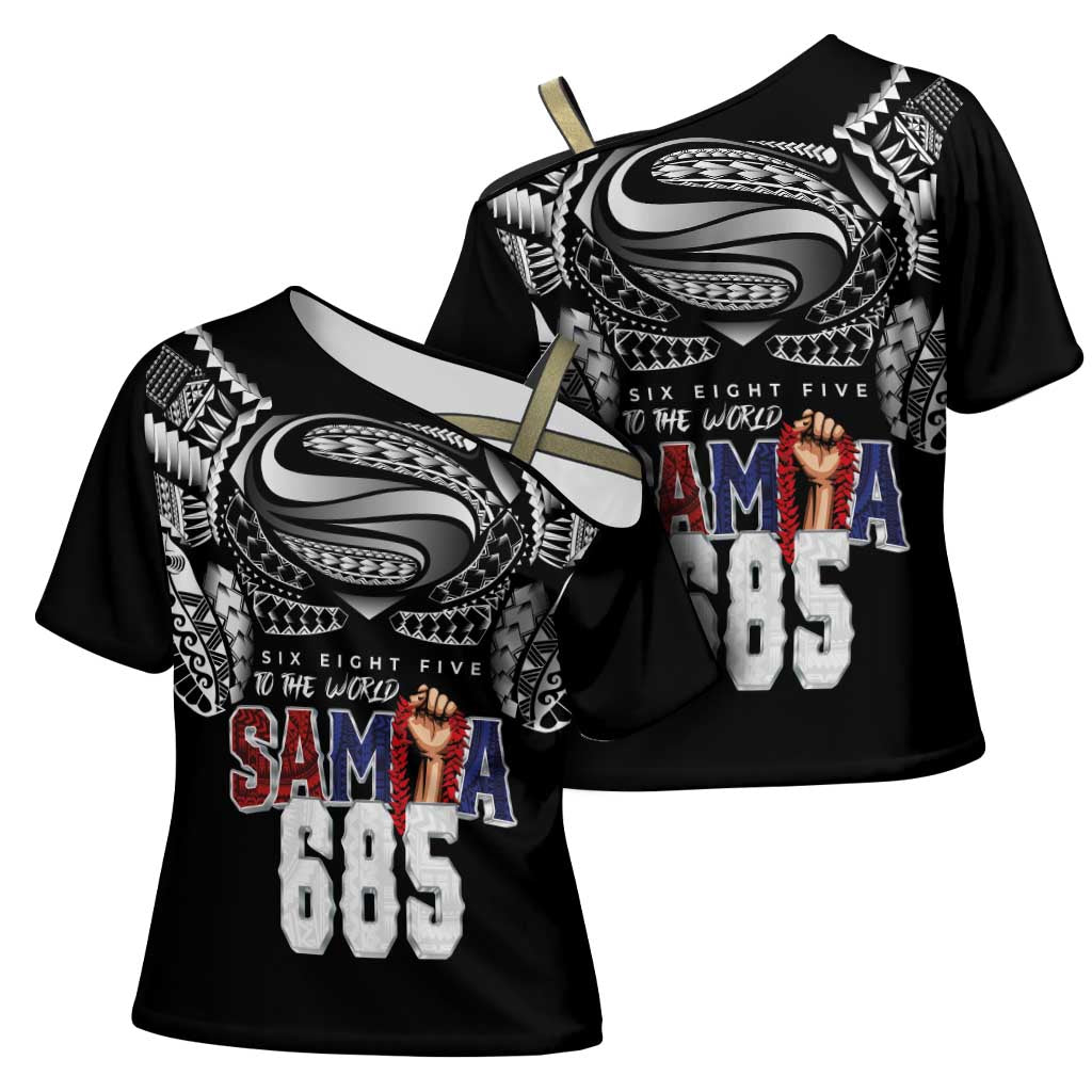 Super Samoa-Six Eight Five to The World Cross Shoulder Shirt Traditional Samoan Tattoo Black Color