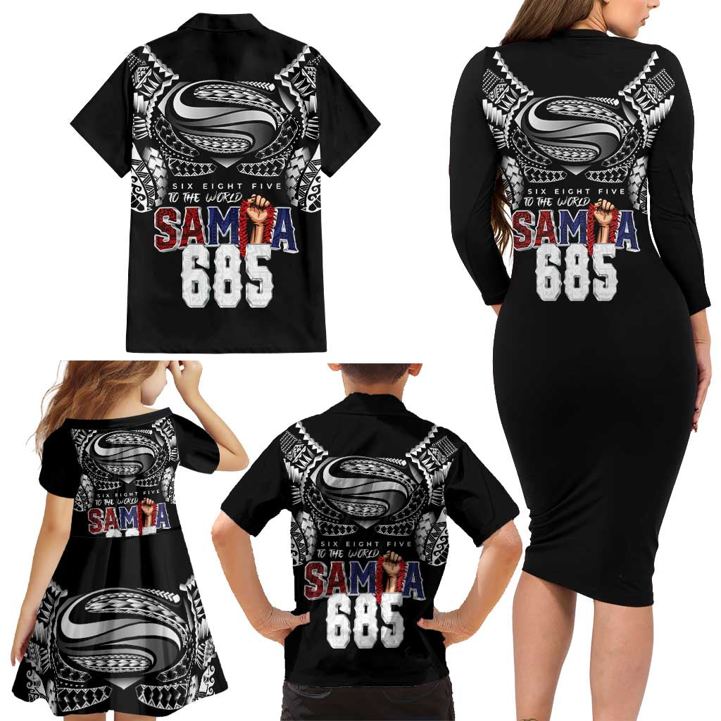 Super Samoa-Six Eight Five to The World Family Matching Long Sleeve Bodycon Dress and Hawaiian Shirt Traditional Samoan Tattoo Black Color