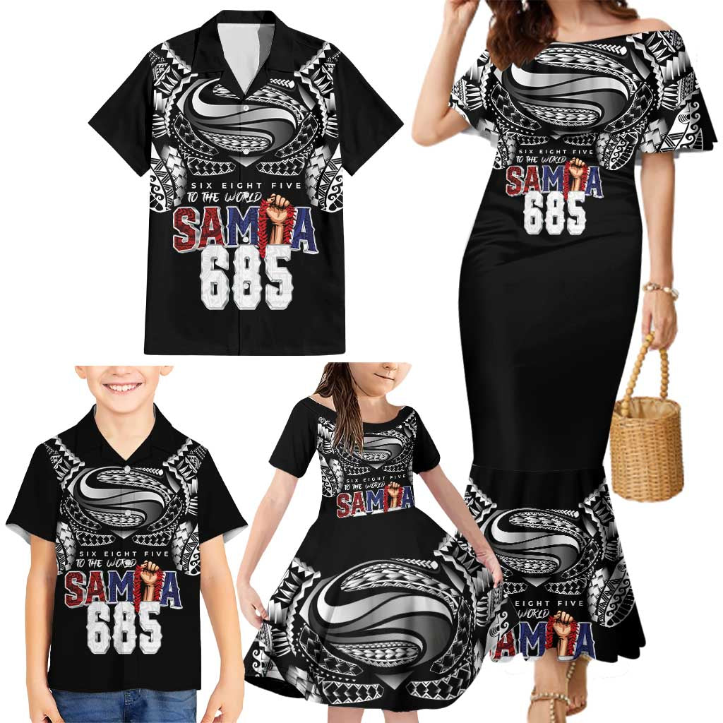 Super Samoa-Six Eight Five to The World Family Matching Mermaid Dress and Hawaiian Shirt Traditional Samoan Tattoo Black Color