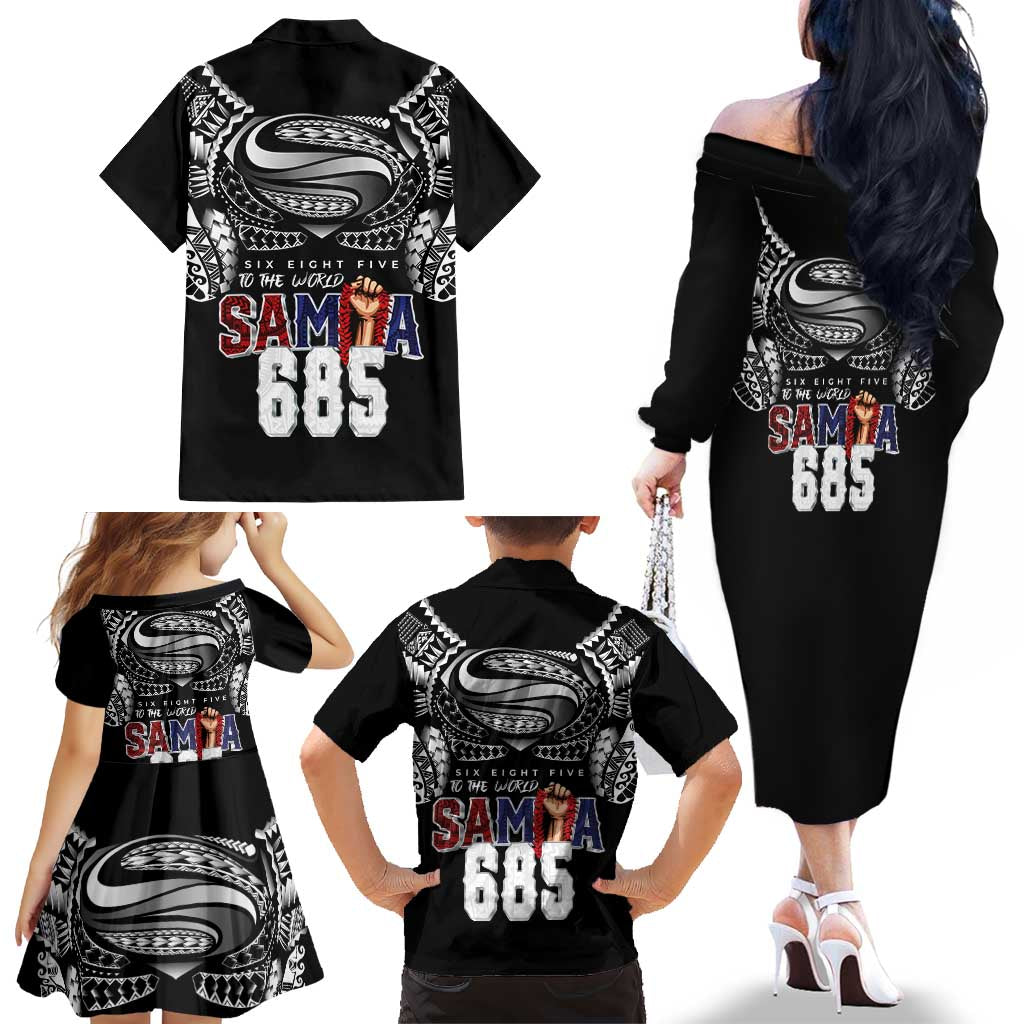 Super Samoa-Six Eight Five to The World Family Matching Off The Shoulder Long Sleeve Dress and Hawaiian Shirt Traditional Samoan Tattoo Black Color