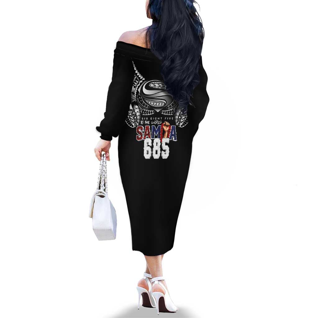 Super Samoa-Six Eight Five to The World Family Matching Off The Shoulder Long Sleeve Dress and Hawaiian Shirt Traditional Samoan Tattoo Black Color