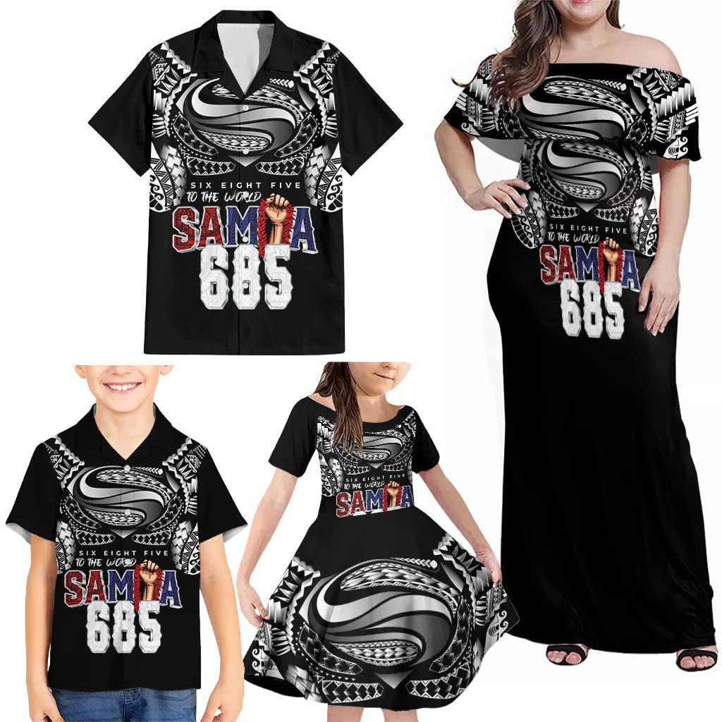 Super Samoa-Six Eight Five to The World Family Matching Off Shoulder Maxi Dress and Hawaiian Shirt Traditional Samoan Tattoo Black Color