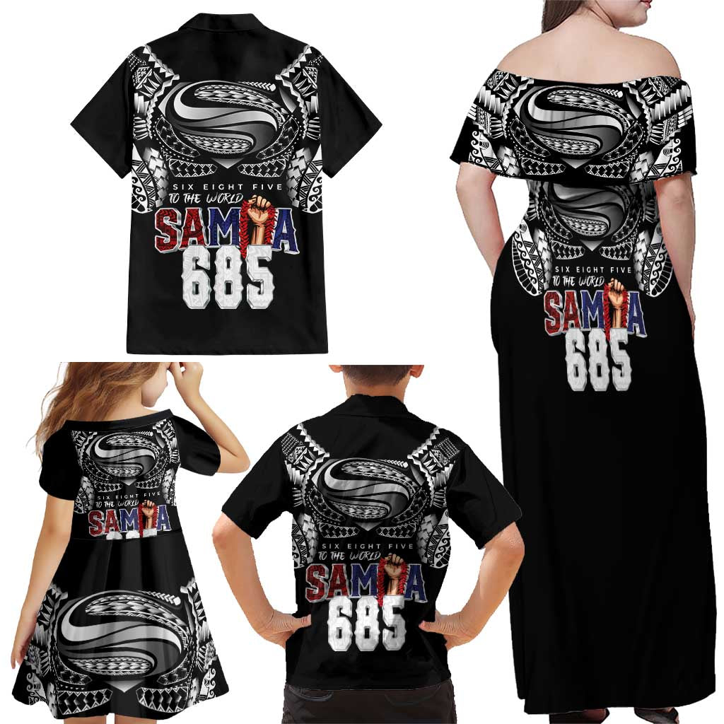 Super Samoa-Six Eight Five to The World Family Matching Off Shoulder Maxi Dress and Hawaiian Shirt Traditional Samoan Tattoo Black Color