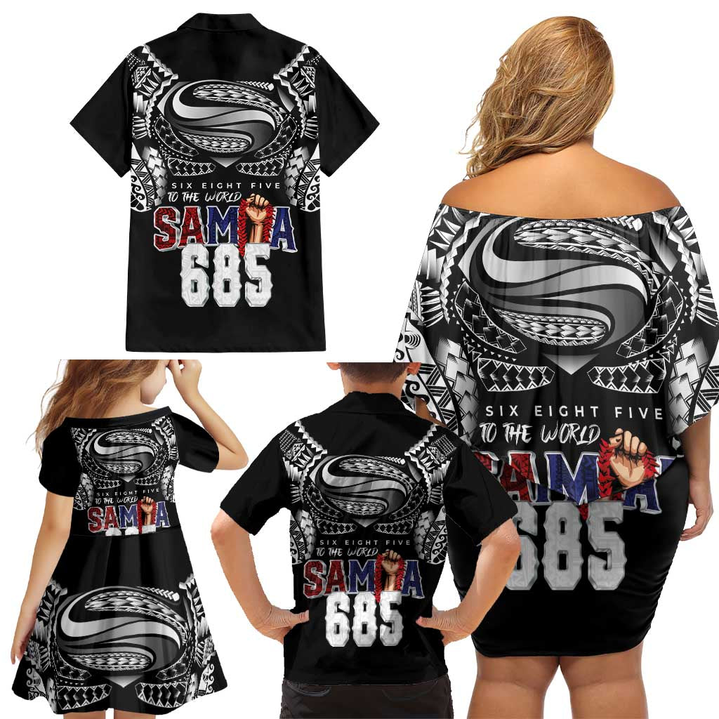 Super Samoa-Six Eight Five to The World Family Matching Off Shoulder Short Dress and Hawaiian Shirt Traditional Samoan Tattoo Black Color