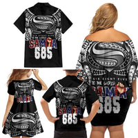Super Samoa-Six Eight Five to The World Family Matching Off Shoulder Short Dress and Hawaiian Shirt Traditional Samoan Tattoo Black Color