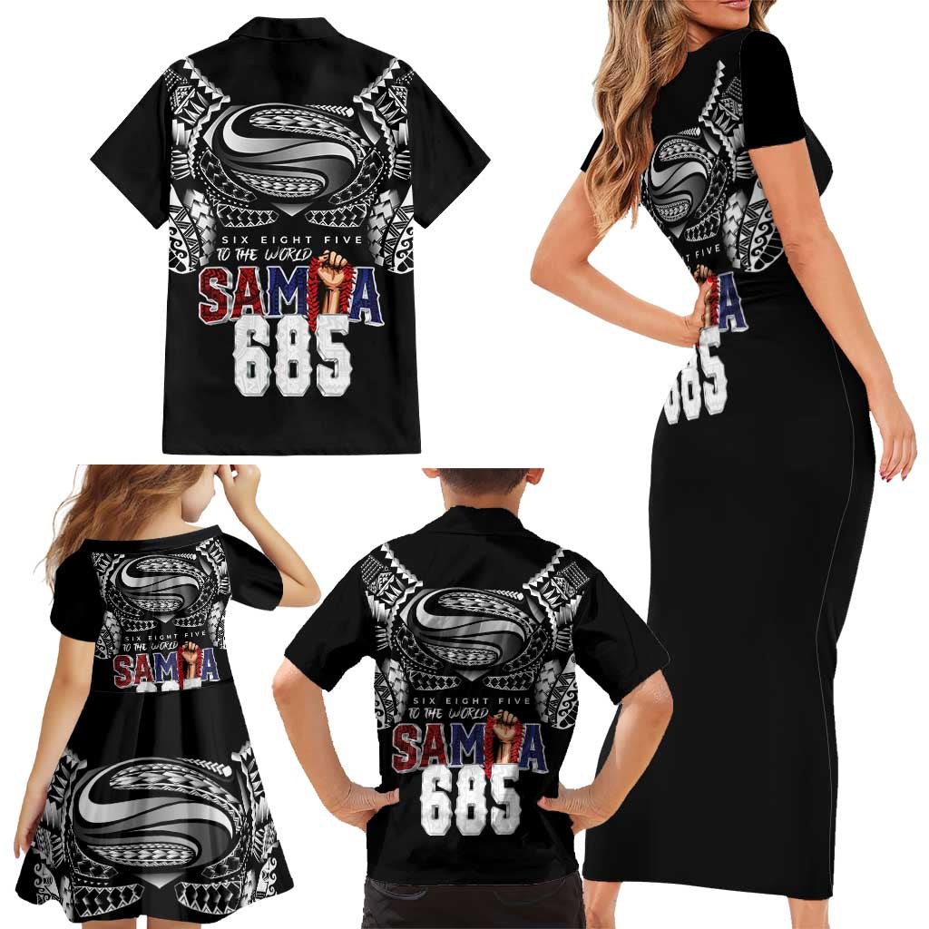 Super Samoa-Six Eight Five to The World Family Matching Short Sleeve Bodycon Dress and Hawaiian Shirt Traditional Samoan Tattoo Black Color