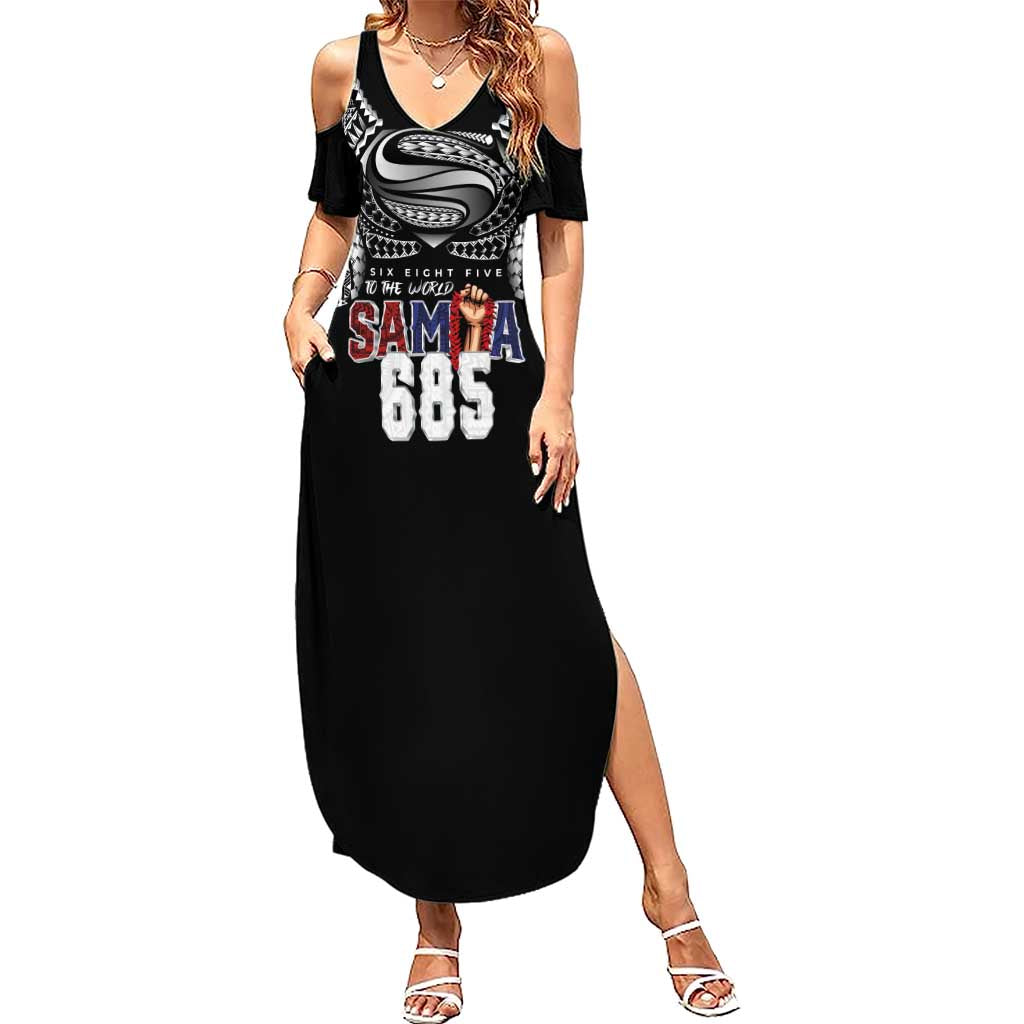Super Samoa-Six Eight Five to The World Family Matching Summer Maxi Dress and Hawaiian Shirt Traditional Samoan Tattoo Black Color