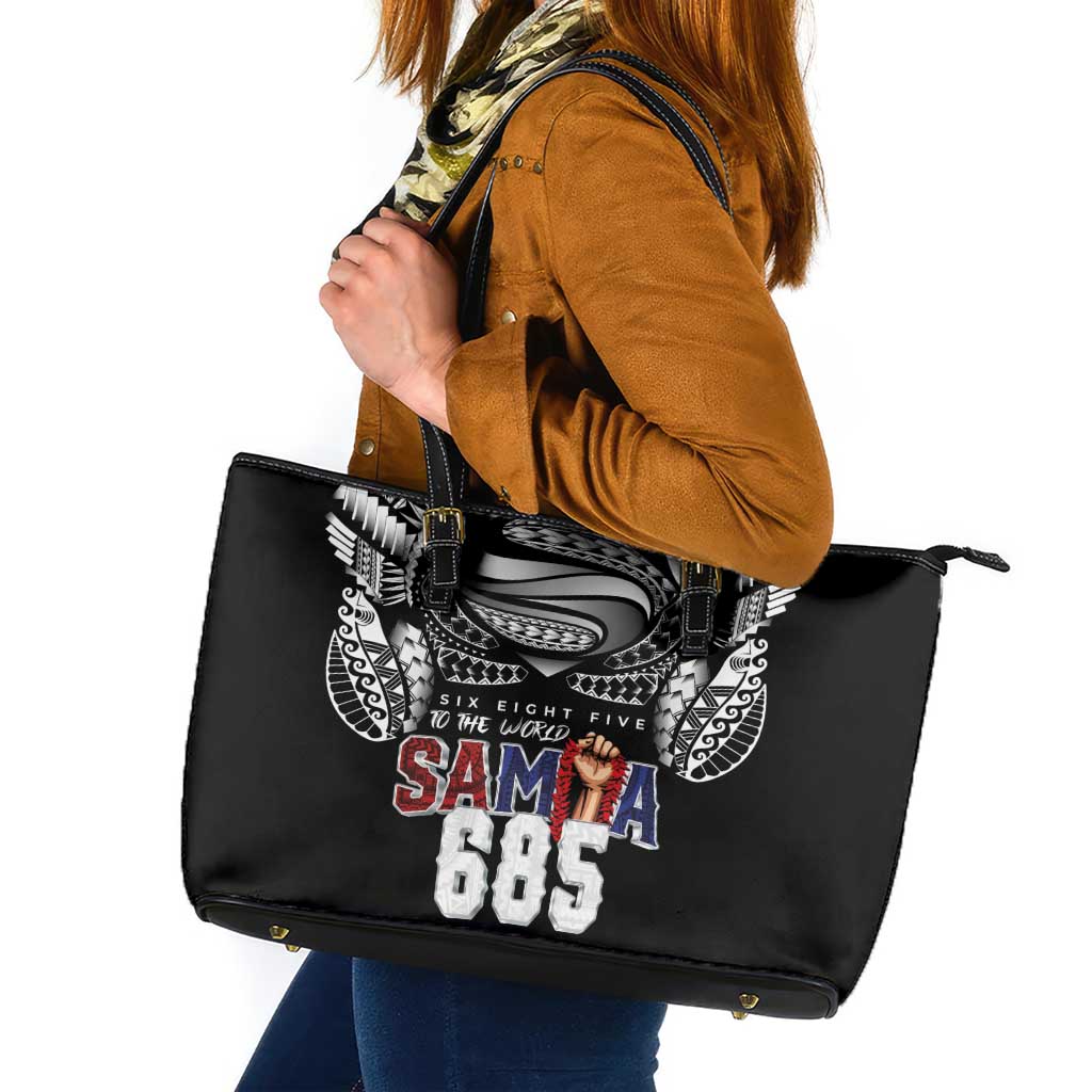 Super Samoa-Six Eight Five to The World Leather Tote Bag Traditional Samoan Tattoo Black Color LT03 Black - Polynesian Pride