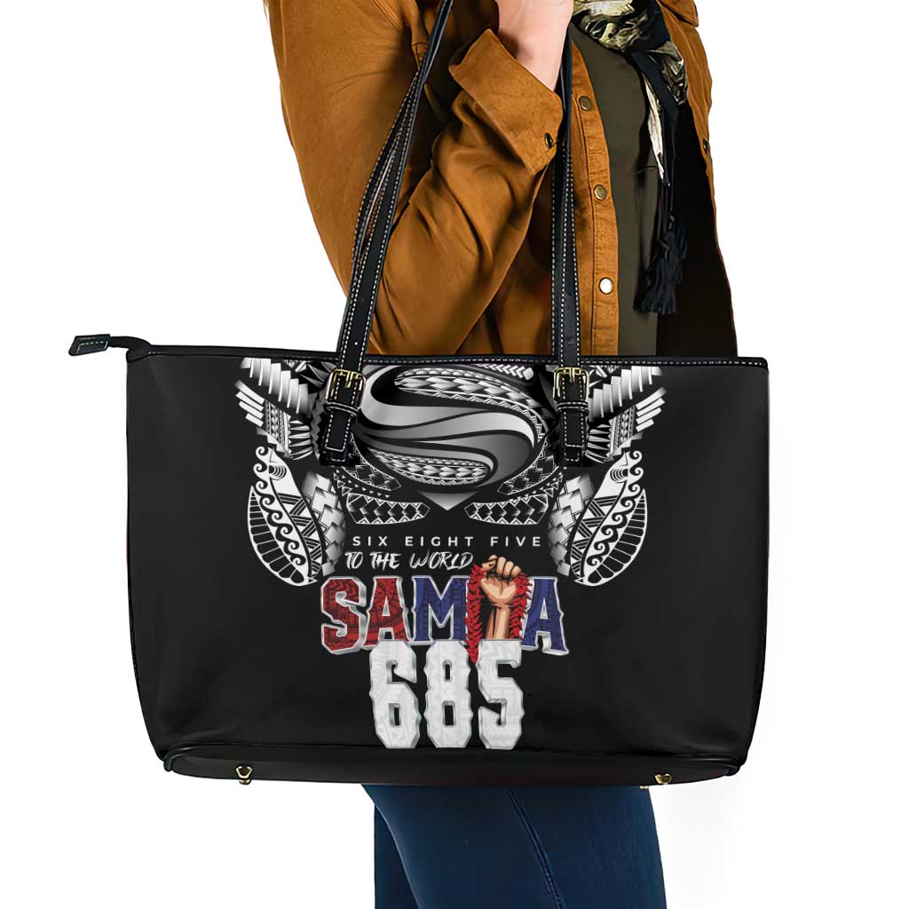 Super Samoa-Six Eight Five to The World Leather Tote Bag Traditional Samoan Tattoo Black Color LT03 - Polynesian Pride