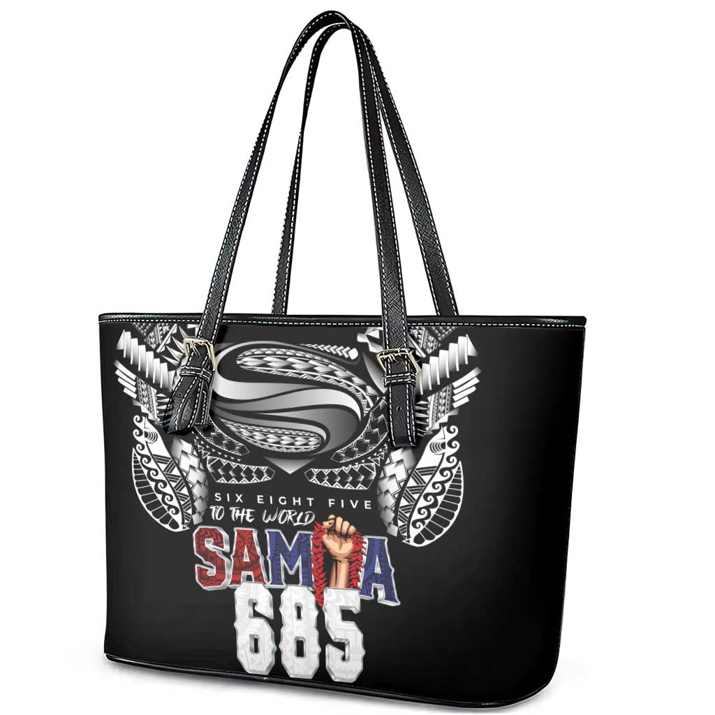 Super Samoa-Six Eight Five to The World Leather Tote Bag Traditional Samoan Tattoo Black Color LT03 - Polynesian Pride
