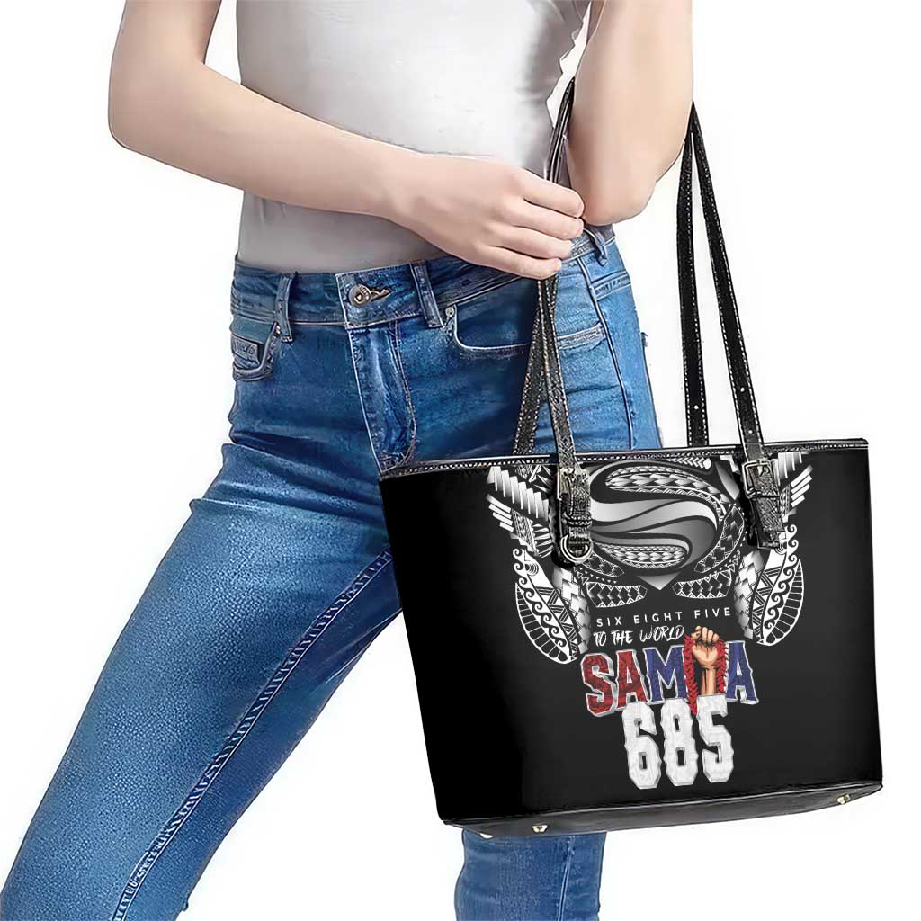 Super Samoa-Six Eight Five to The World Leather Tote Bag Traditional Samoan Tattoo Black Color LT03 - Polynesian Pride