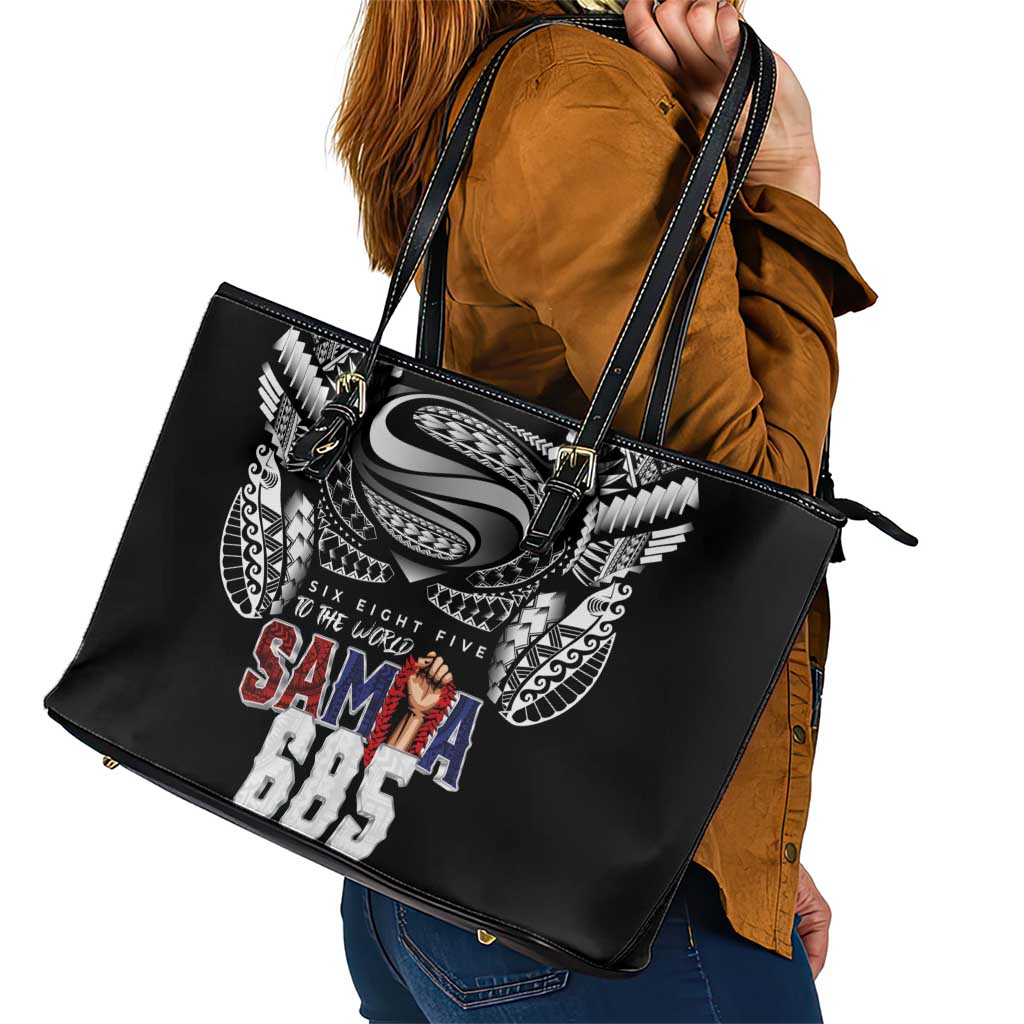 Super Samoa-Six Eight Five to The World Leather Tote Bag Traditional Samoan Tattoo Black Color LT03 - Polynesian Pride