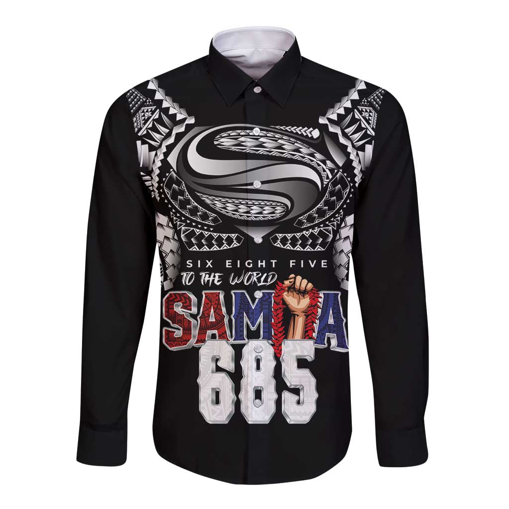 Super Samoa-Six Eight Five to The World Long Sleeve Button Shirt Traditional Samoan Tattoo Black Color LT03 Unisex Black - Polynesian Pride