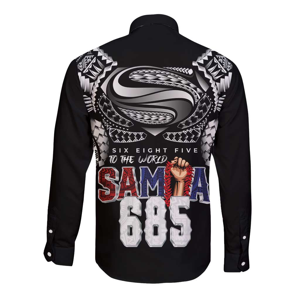 Super Samoa-Six Eight Five to The World Long Sleeve Button Shirt Traditional Samoan Tattoo Black Color LT03 - Polynesian Pride