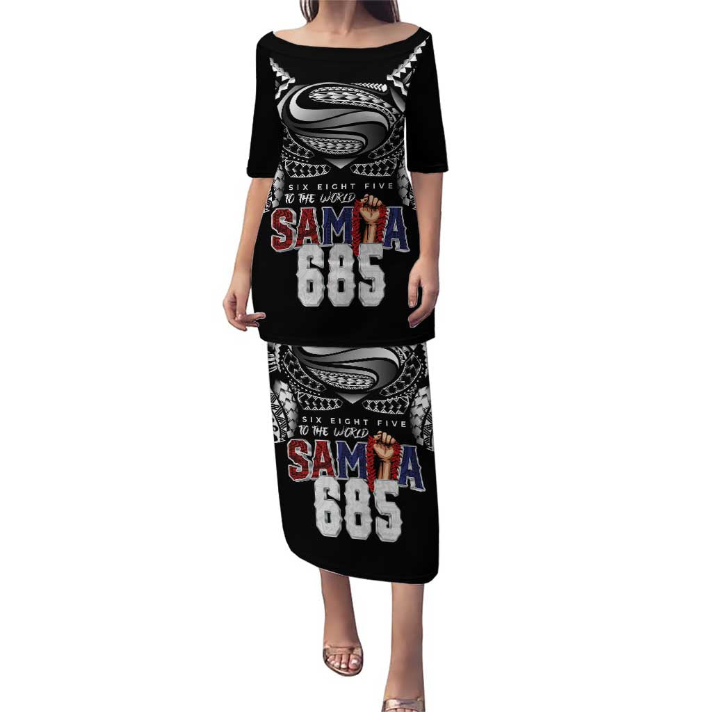 Super Samoa-Six Eight Five to The World Puletasi Traditional Samoan Tattoo Black Color LT03 Long Dress Black - Polynesian Pride