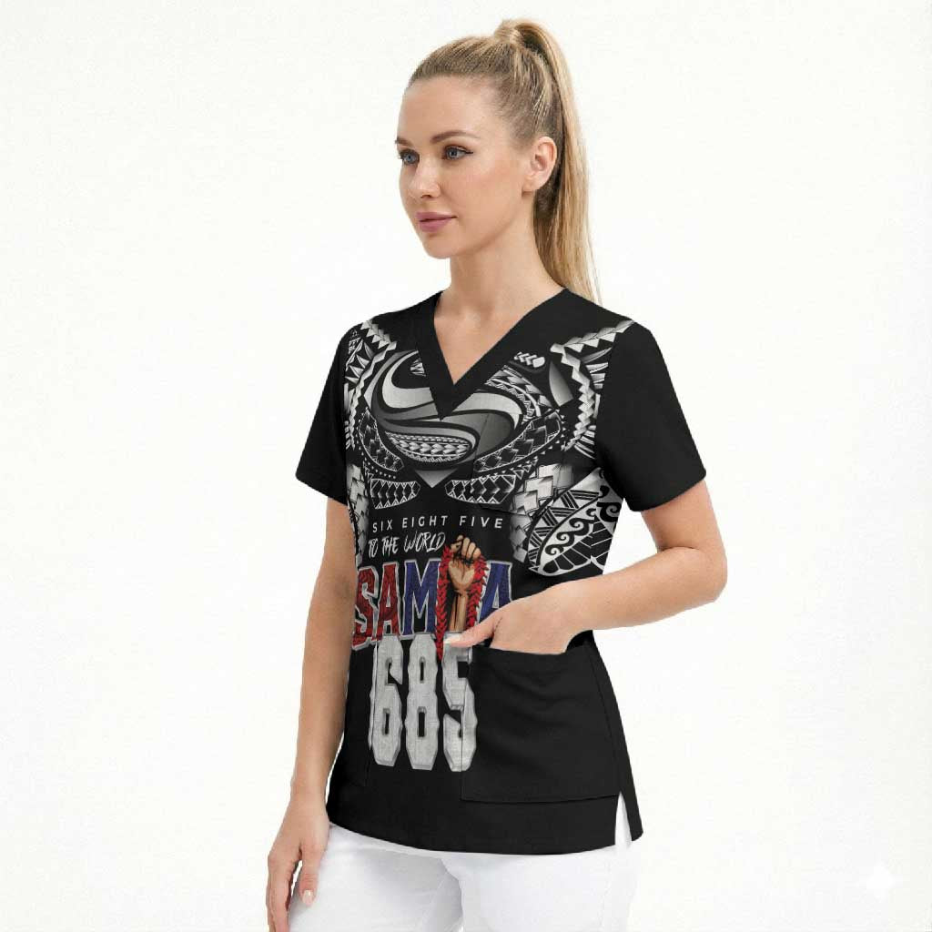 Super Samoa-Six Eight Five to The World Scrub Top Traditional Samoan Tattoo Black Color LT03 - Polynesian Pride