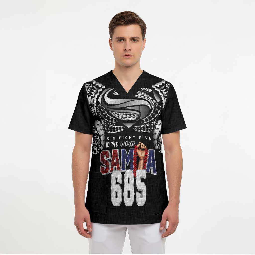 Super Samoa-Six Eight Five to The World Scrub Top Traditional Samoan Tattoo Black Color LT03 - Polynesian Pride