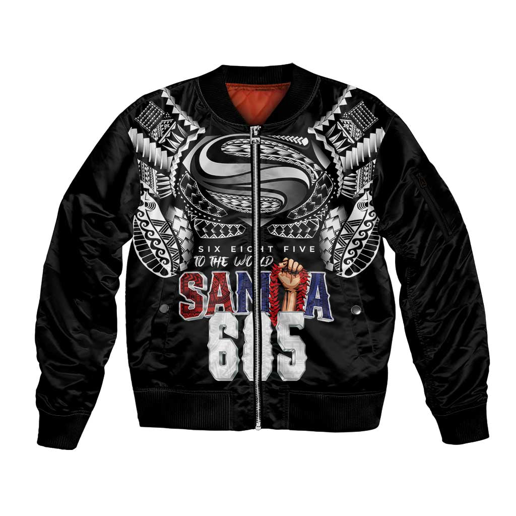 Super Samoa-Six Eight Five to The World Sleeve Zip Bomber Jacket Traditional Samoan Tattoo Black Color LT03 Unisex Black - Polynesian Pride