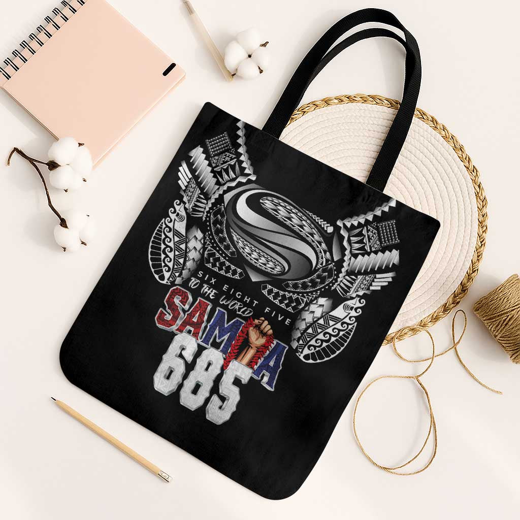 Super Samoa-Six Eight Five to The World Tote Bag Traditional Samoan Tattoo Black Color LT03 Black Strap One Size Black - Polynesian Pride