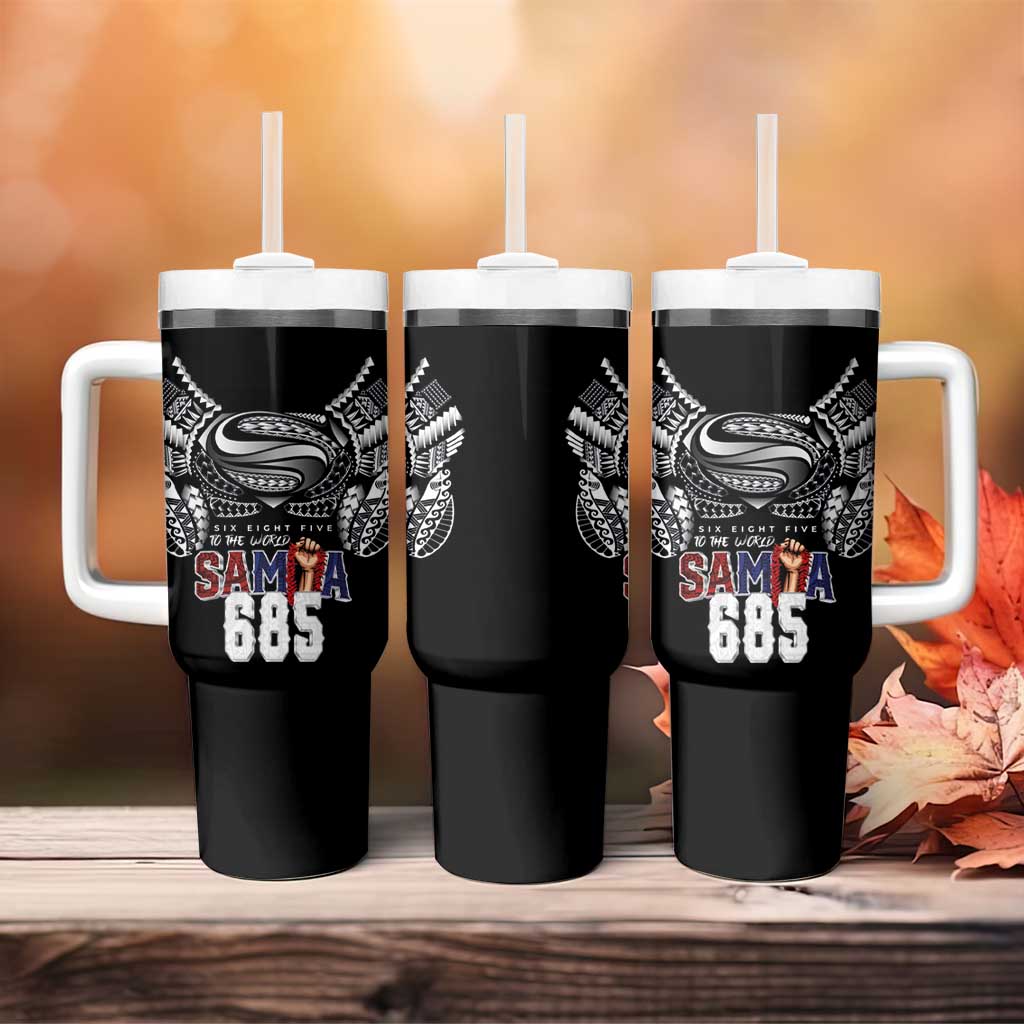 Super Samoa-Six Eight Five to The World Tumbler With Handle Traditional Samoan Tattoo Black Color