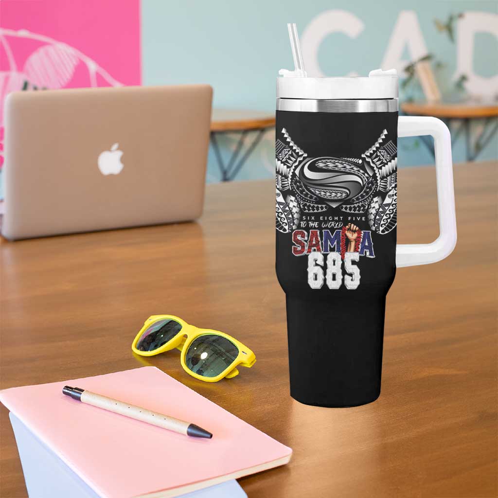 Super Samoa-Six Eight Five to The World Tumbler With Handle Traditional Samoan Tattoo Black Color