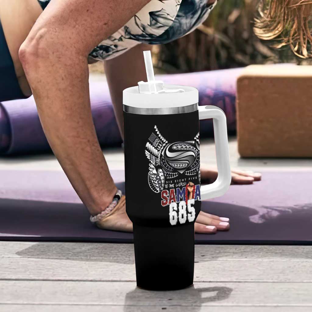 Super Samoa-Six Eight Five to The World Tumbler With Handle Traditional Samoan Tattoo Black Color