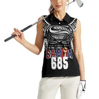 Super Samoa-Six Eight Five to The World Women Sleeveless Polo Shirt Traditional Samoan Tattoo Black Color