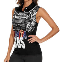 Super Samoa-Six Eight Five to The World Women Sleeveless Polo Shirt Traditional Samoan Tattoo Black Color