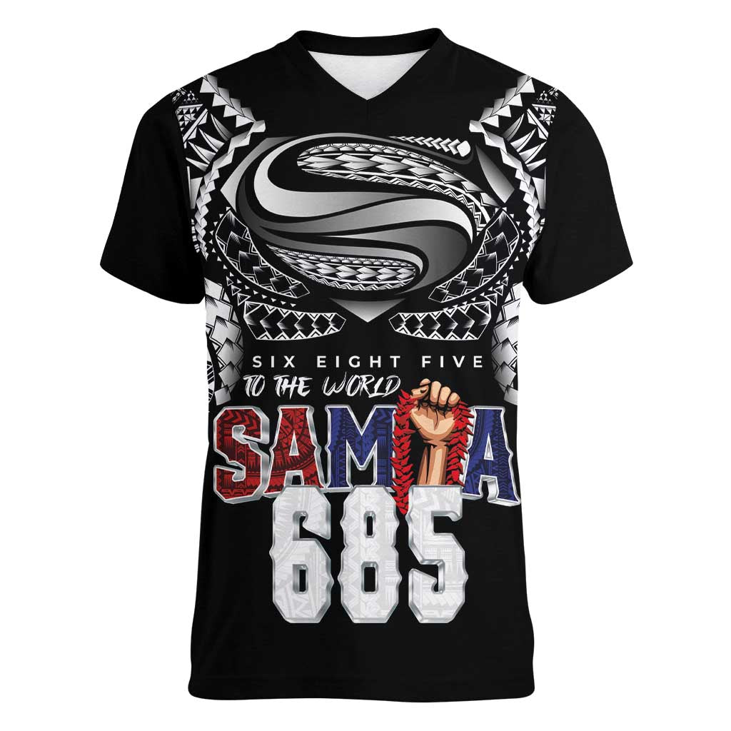 Super Samoa-Six Eight Five to The World Women V-Neck T-Shirt Traditional Samoan Tattoo Black Color LT03 Female Black - Polynesian Pride