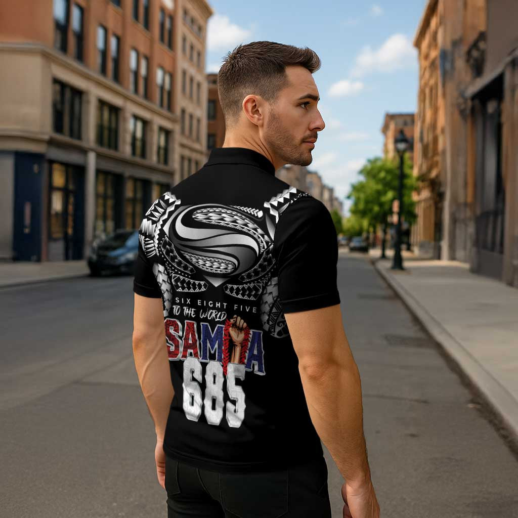 Super Samoa-Six Eight Five to The World Zipper Polo Shirt Traditional Samoan Tattoo Black Color