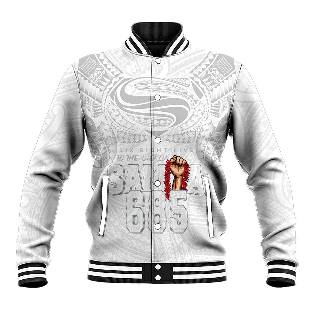 Super Samoa-Six Eight Five to The World Baseball Jacket Traditional Samoan Tattoo All White LT03 Unisex White - Polynesian Pride