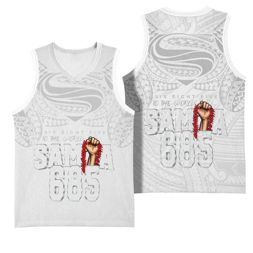 Super Samoa-Six Eight Five to The World Basketball Jersey Traditional Samoan Tattoo All White LT03 - Polynesian Pride