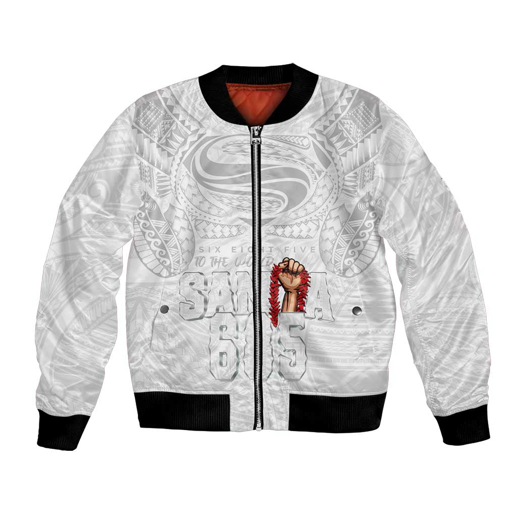 Super Samoa-Six Eight Five to The World Bomber Jacket Traditional Samoan Tattoo All White LT03 Unisex White - Polynesian Pride