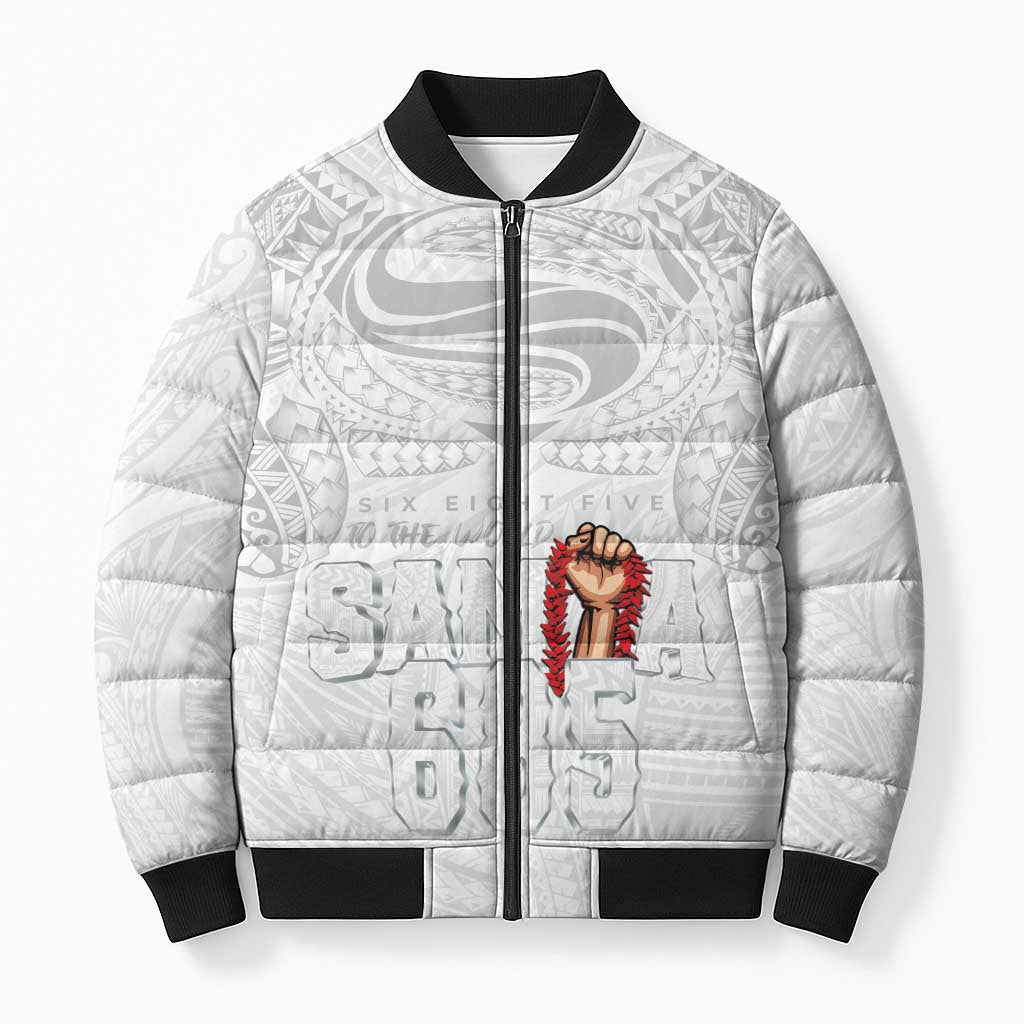 Super Samoa-Six Eight Five to The World Bomber Puffer Jacket Traditional Samoan Tattoo All White LT03 Unisex White - Polynesian Pride