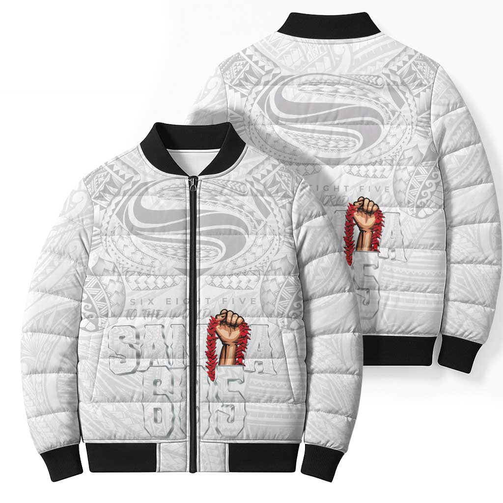 Super Samoa-Six Eight Five to The World Bomber Puffer Jacket Traditional Samoan Tattoo All White LT03 - Polynesian Pride