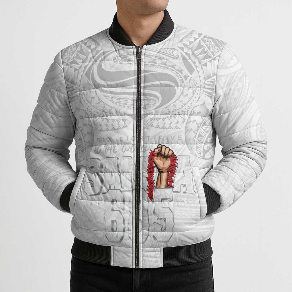 Super Samoa-Six Eight Five to The World Bomber Puffer Jacket Traditional Samoan Tattoo All White LT03 - Polynesian Pride