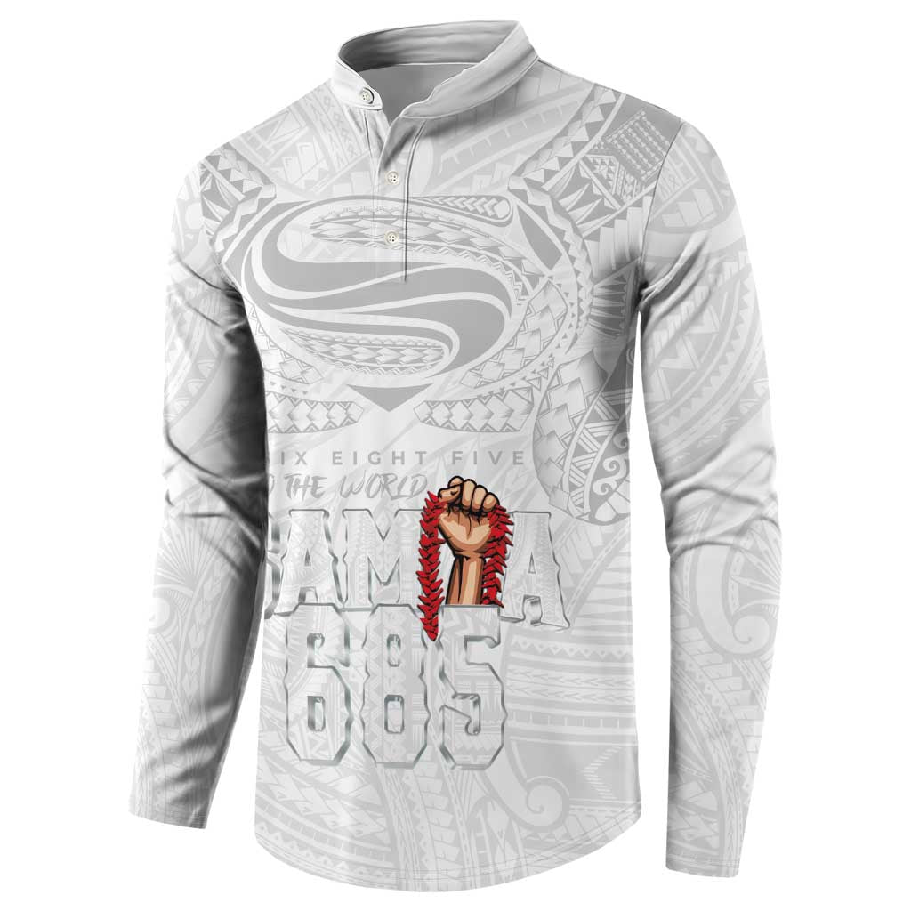 Super Samoa-Six Eight Five to The World Button Sweatshirt Traditional Samoan Tattoo All White LT03 - Polynesian Pride