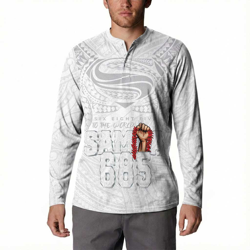 Super Samoa-Six Eight Five to The World Button Sweatshirt Traditional Samoan Tattoo All White LT03 - Polynesian Pride