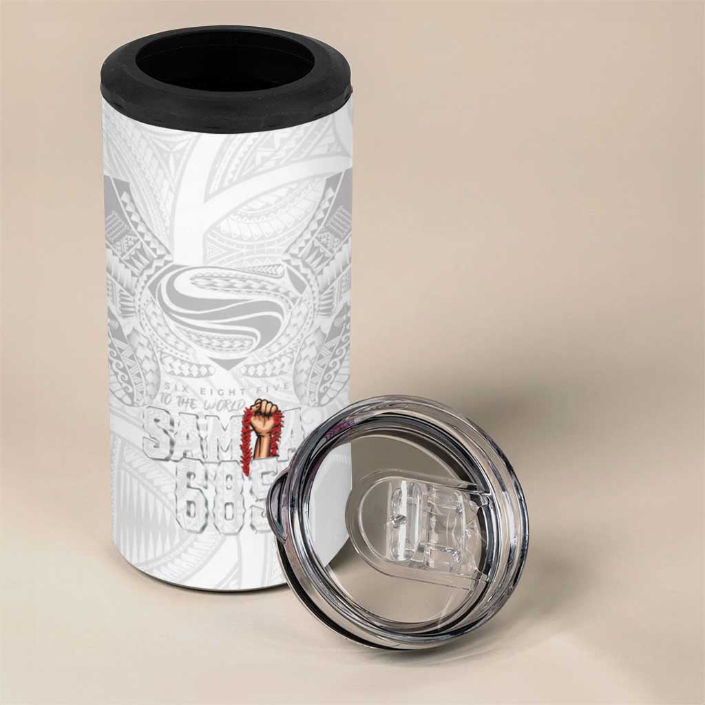 Super Samoa-Six Eight Five to The World 4 in 1 Can Cooler Tumbler Traditional Samoan Tattoo All White LT03 - Polynesian Pride