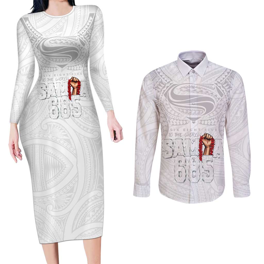 Super Samoa-Six Eight Five to The World Couples Matching Long Sleeve Bodycon Dress and Long Sleeve Button Shirt Traditional Samoan Tattoo All White