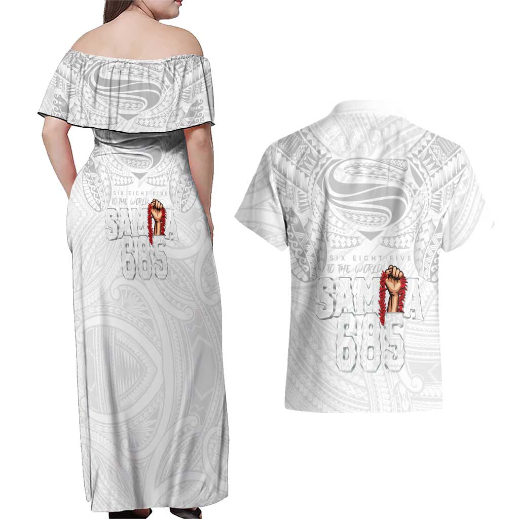 Super Samoa-Six Eight Five to The World Couples Matching Off Shoulder Maxi Dress and Hawaiian Shirt Traditional Samoan Tattoo All White