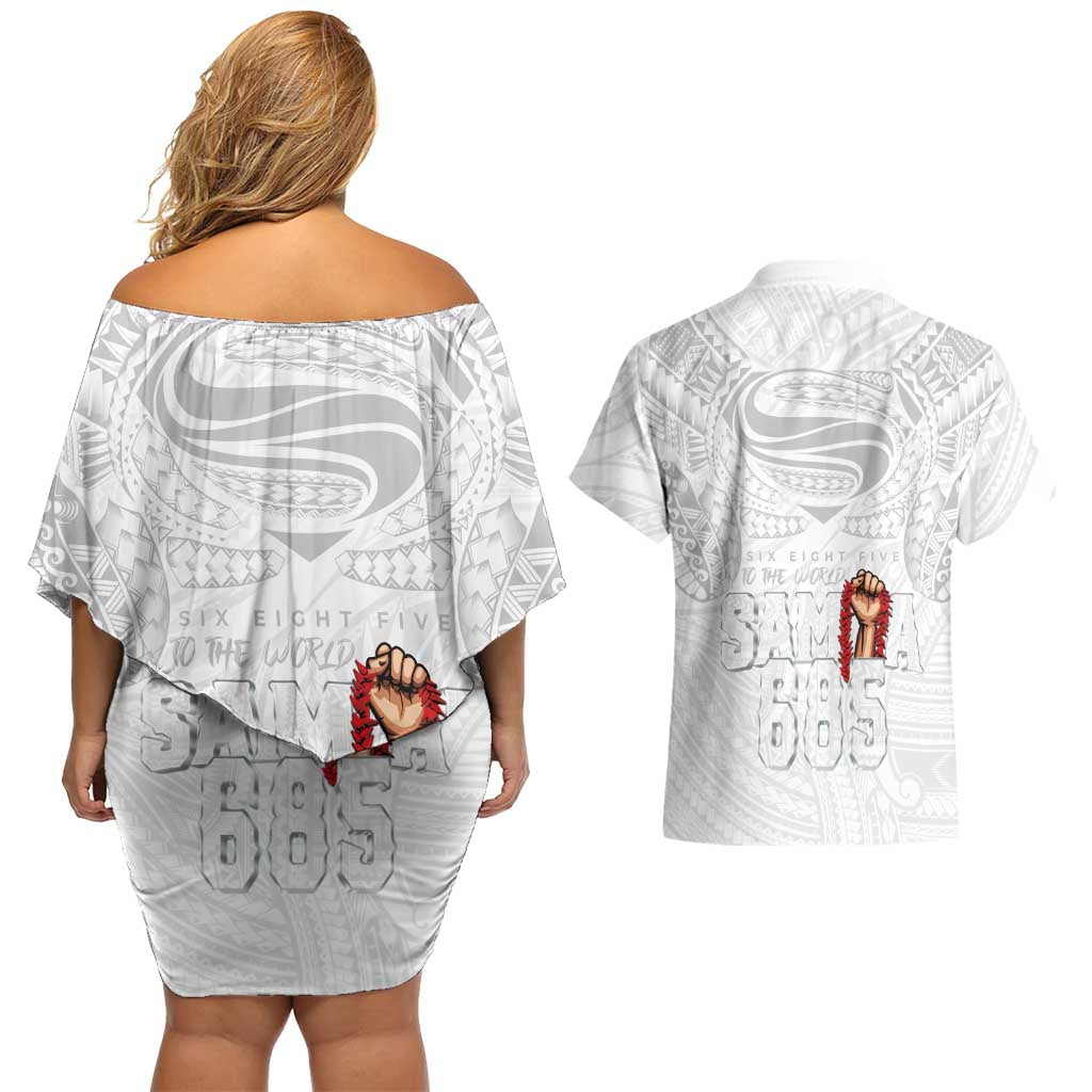 Super Samoa-Six Eight Five to The World Couples Matching Off Shoulder Short Dress and Hawaiian Shirt Traditional Samoan Tattoo All White