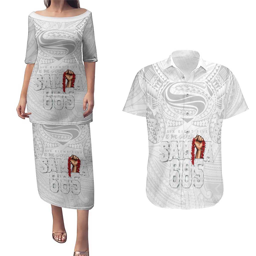 Super Samoa-Six Eight Five to The World Couples Matching Puletasi and Hawaiian Shirt Traditional Samoan Tattoo All White