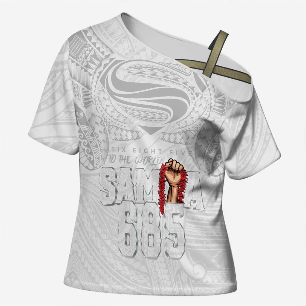 Super Samoa-Six Eight Five to The World Cross Shoulder Shirt Traditional Samoan Tattoo All White LT03 Female White - Polynesian Pride